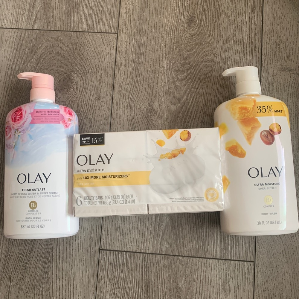 Olay woman’s body wash and bar soaps